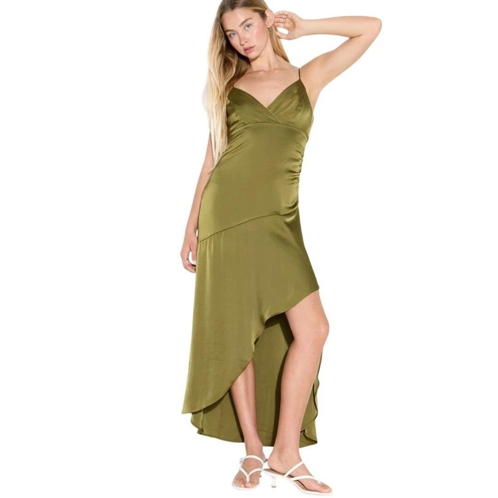 Wild Fable Women's Olive Green Satin Asymmetrical Maxi A Line Dress Size XS